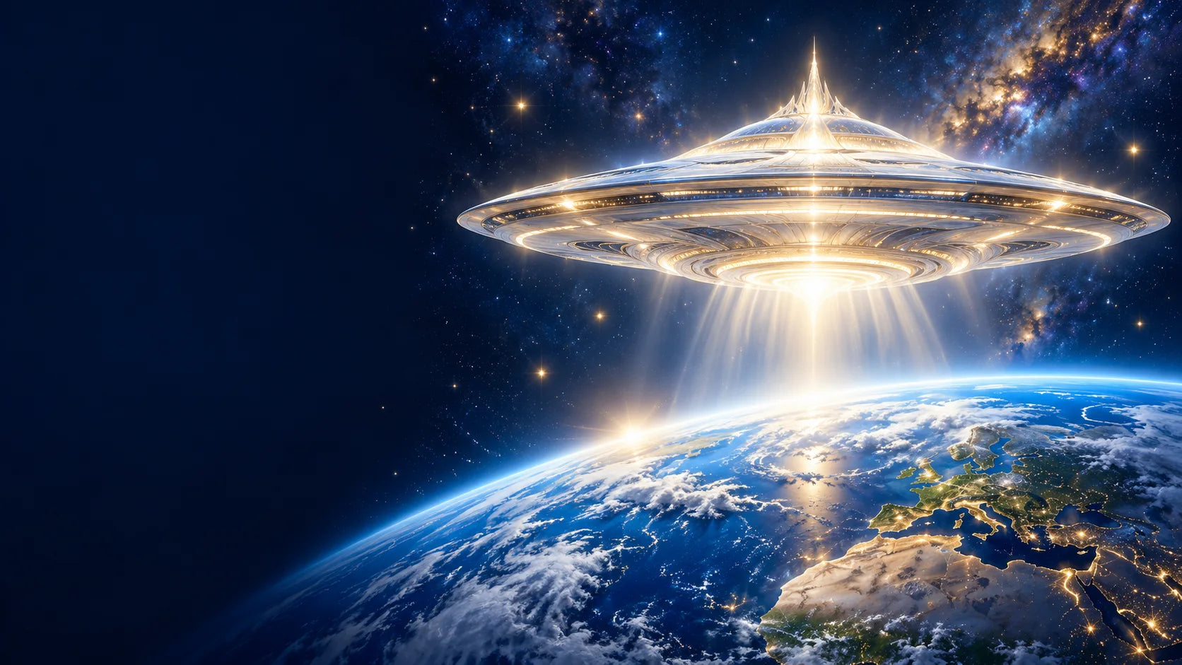 Symbolische Darstellung eines leuchtenden Lichtschiffs über der Erde